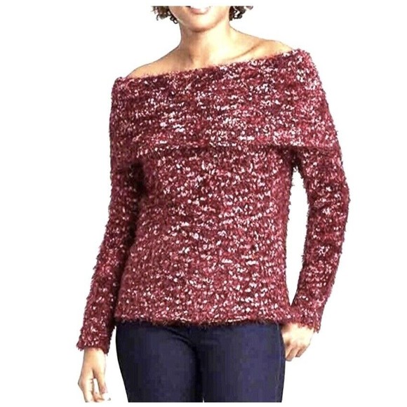 Knox Rose NEW Off Shoulder Eyelash Pullover Sweater Brandy Wine Women's Sz Large - Picture 3 of 12